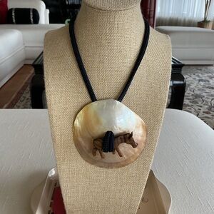 Large Shell Pendant Necklace w/ Wood Carved Zebra